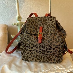 Authentic FENDI Leopard Motif Backpack Canvas Leather Brown Red